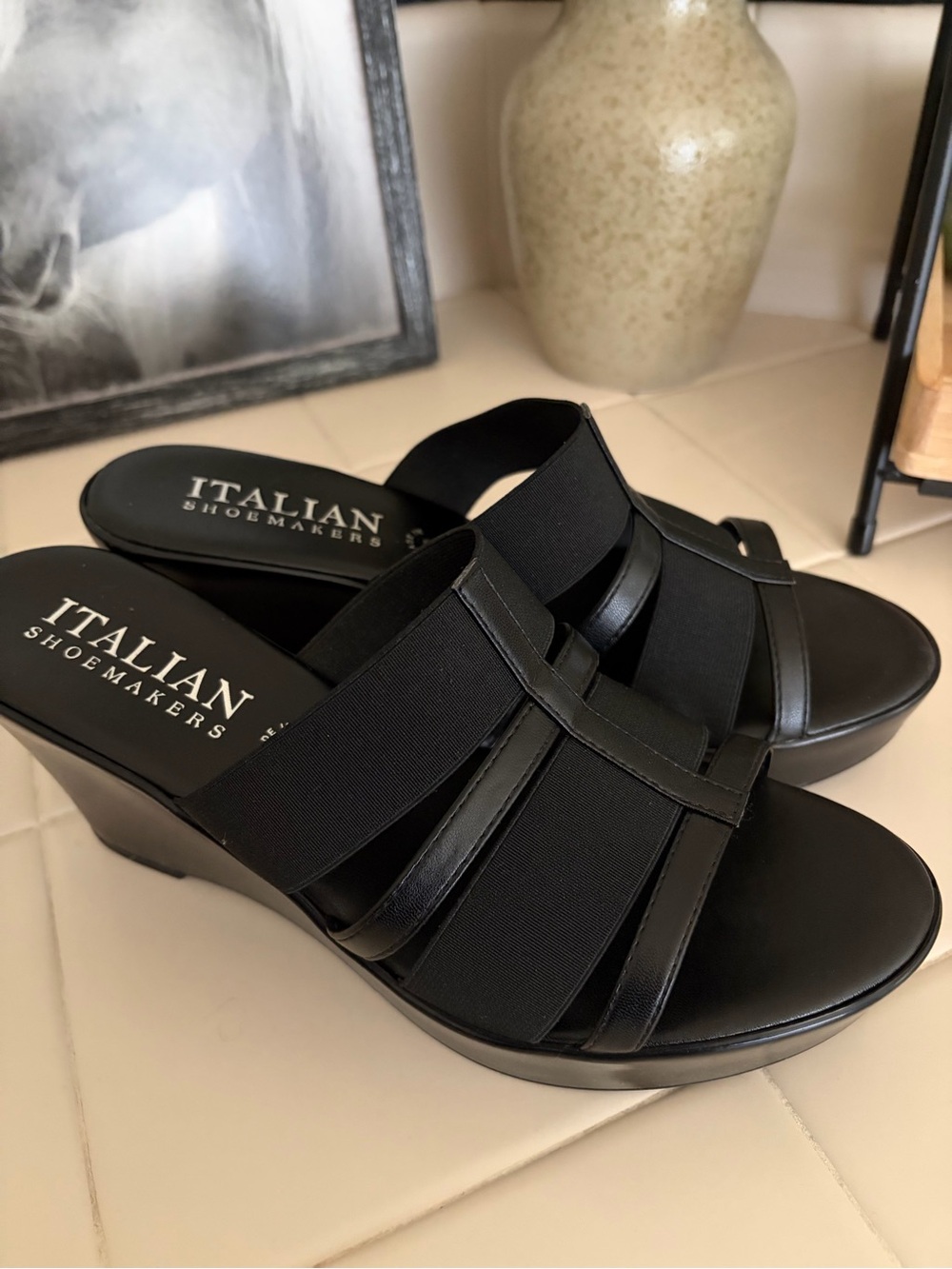 Italian shoemaker Black Elastic Wedge Slide Sandals